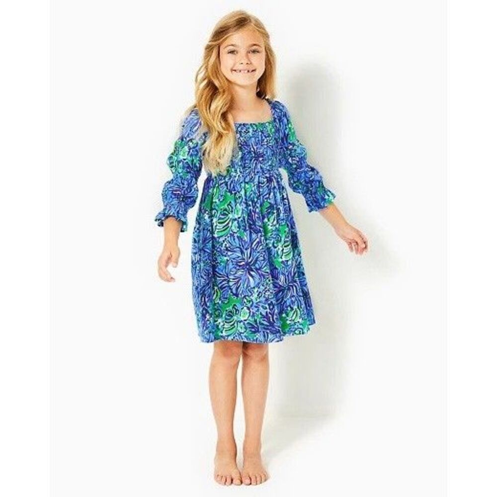 Lilly Pulitzer Mini Beyonca Dress Printed Smocked Cotton Abaco Blue S NEW 281124